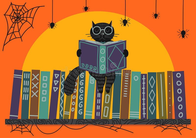 Halloween. Black cat reading book on bookshelf on orange background. Vector illustration. Perfect greeting card, banner for libraries, bookstores and educational institutions .