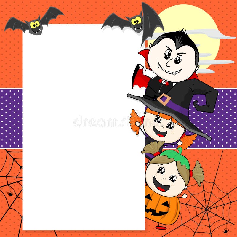 Little childs with halloween costumes with bats and blank board for your text