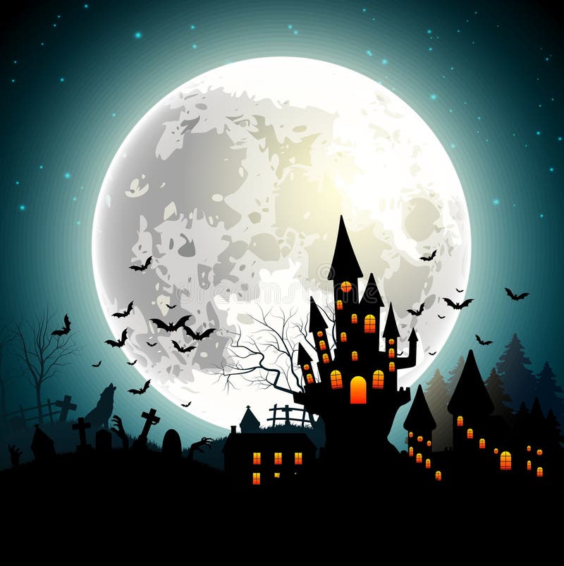 Halloween-achtergrond met achtervolgd kasteel, knuppels op volle maan stock illustratie Halloween-achtergrond met achtervolgd kasteel, knuppels op volle maan stock illustratie
