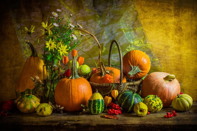 Halloween autumn fall pumpkin setting table still life vintage