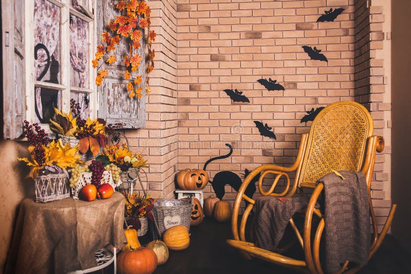 Halloween Autumn Yard with Brick Wall. Stock Photo Image of painted