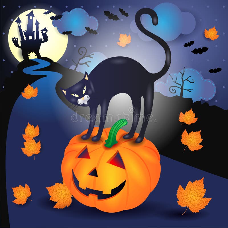 Halloween Black Cat on Carved Pumpkin Illustration Stock Vector ...