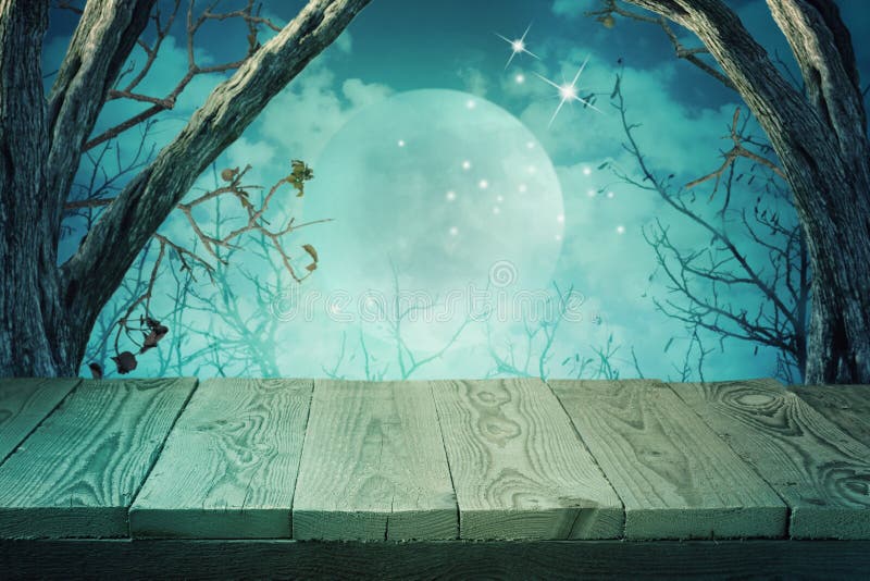 Halloween background with empty wooden table stock illustration