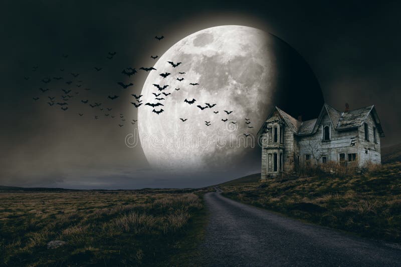 Halloween background with full moon, creepy house and flying bats. Halloween background with full moon, creepy house and flying bats.