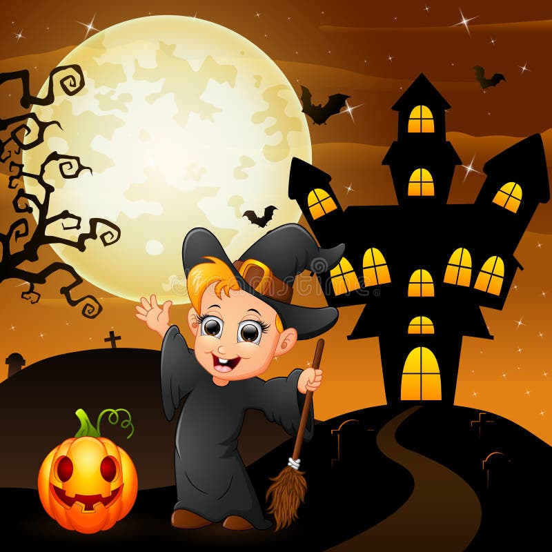 Halloween Background with Happy Boy Witch Holding Broomstick Pumpkin ...