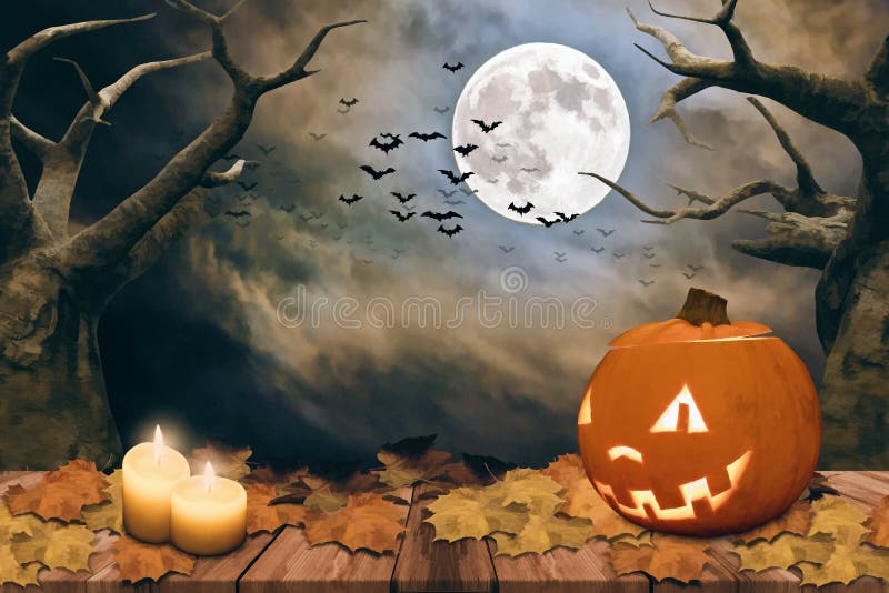 Halloween background with pumpkin and full moon