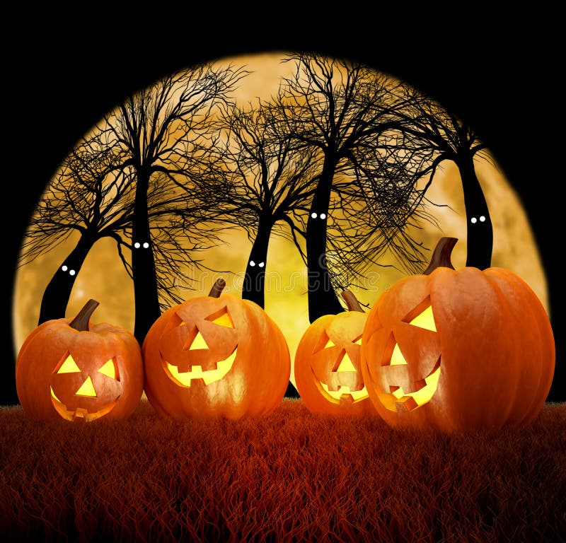 Halloween background scene with full moon, pumpkins and dark forest vector illustration