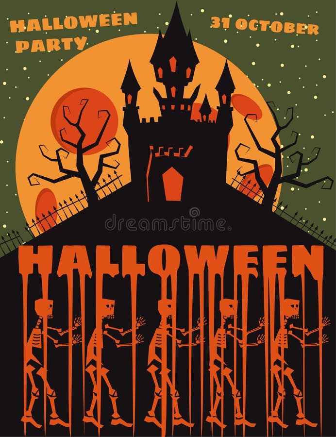 Halloween background with semetery and sceletons, haunted castle, house and full moon. Poster, flyer or invitation royalty free illustration Halloween background with semetery and sceletons, haunted castle, house and full moon. Poster, flyer or invitation royalty free illustration