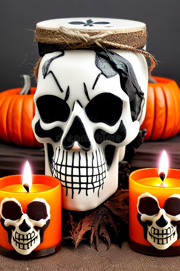 Halloween background. Skull&#x27;s, pumpkin and candles