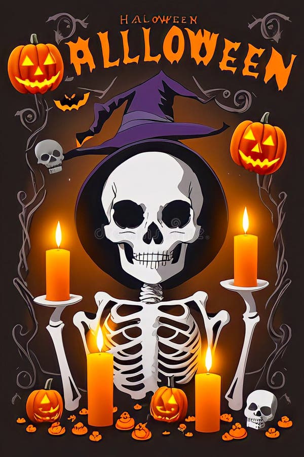 Halloween background. Skull&#x27;s, pumpkin and candles