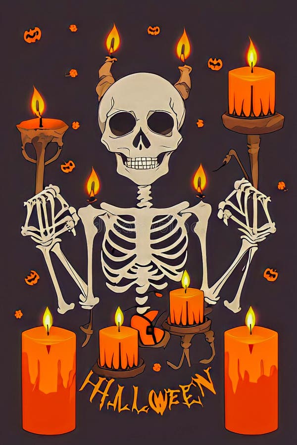 Halloween background. Skull&#x27;s, pumpkin and candles