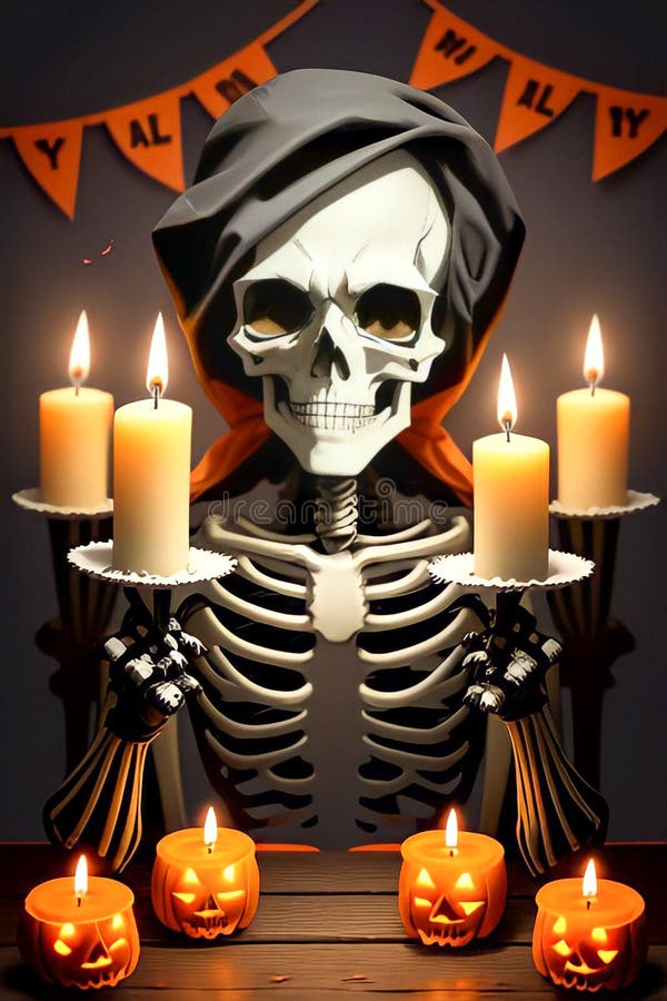 Halloween background. Skull&#x27;s, pumpkin and candles