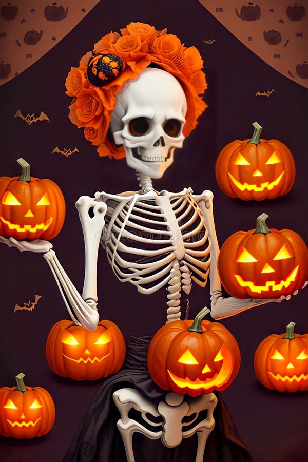 Halloween background. Skull&#x27;s, pumpkin and candles