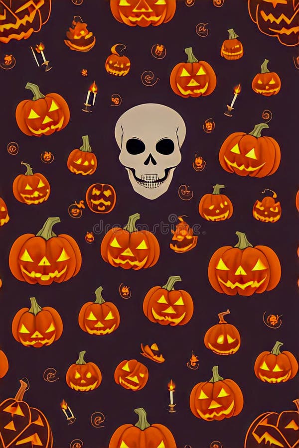 Halloween background. Skull&#x27;s, pumpkin and candles