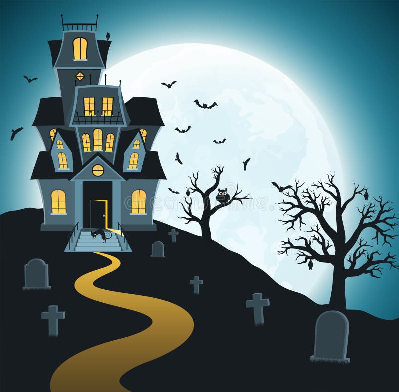 Halloween background with tombs, trees, bats, tombstones.