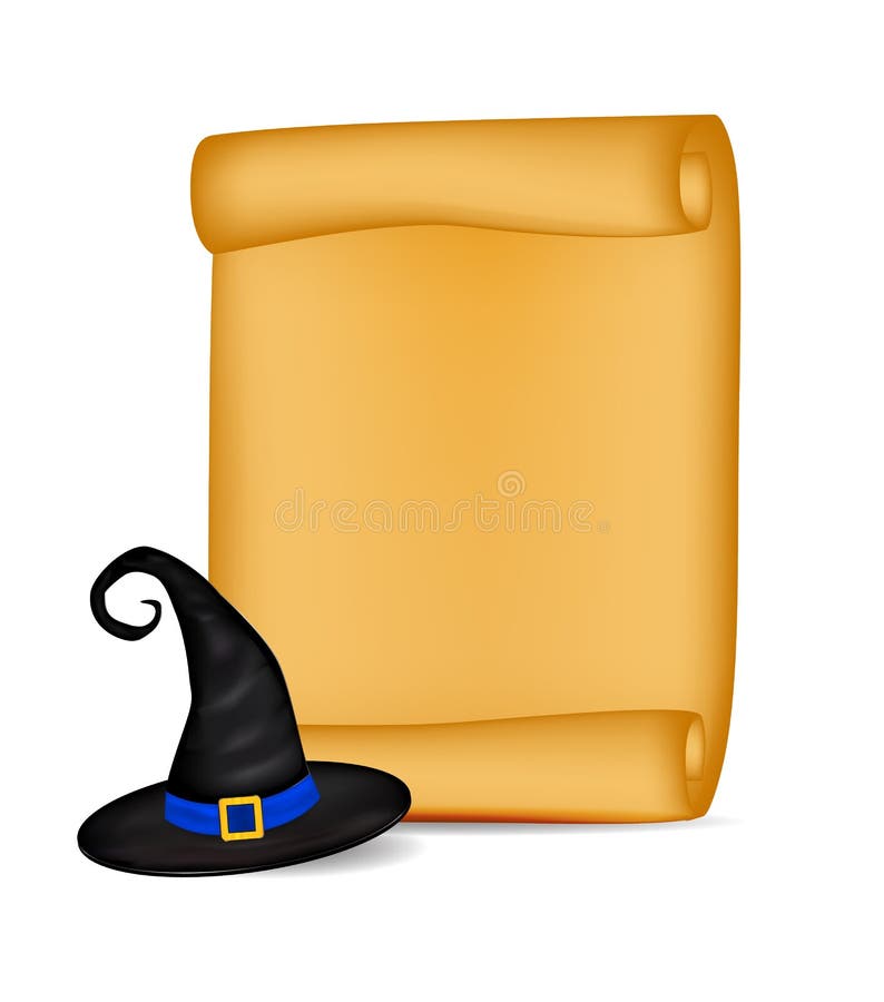 Halloween banner, card with empty paper scroll and witches hat. Blank ancient scroll of parchment wallpaper, background. Poster or