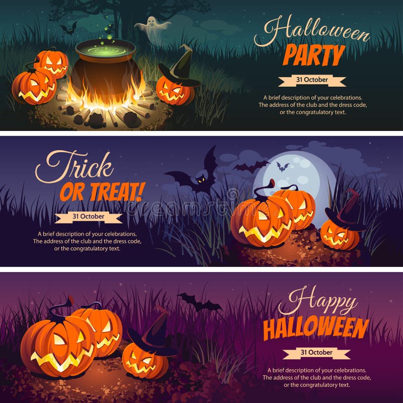 Halloween Banners with the Characters on the Background. Night Autumn