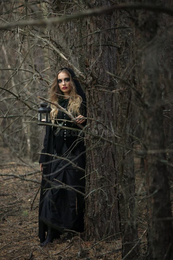 Halloween. Beautiful Girl in a Black Dress in the Forest Stock Image ...