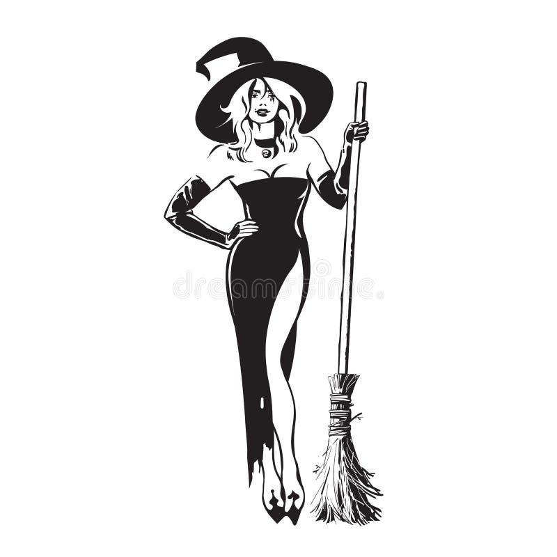 Halloween beautiful sexy witch holding broomstick in sketch style. Pretty young woman in witches hat and black dress