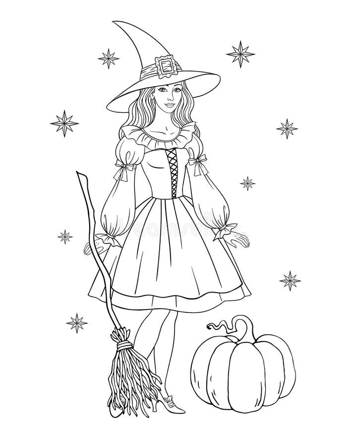 https://thumbs.dreamstime.com/b/halloween-beautiful-witch-vintage-dress-broom-pumpkin-vector-black-white-illustration-coloring-book-background-255206823.jpg