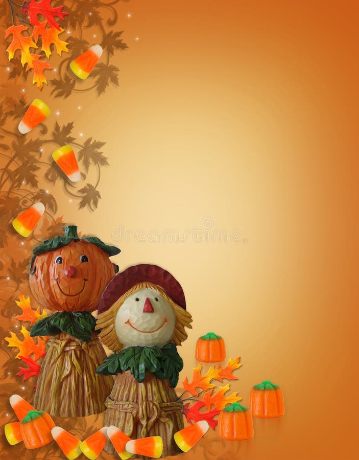 Image and illustration composition Halloween border, Fall background, Autumn template, whimsical scarecrow and pumpkin figurines with fall leaves and candy corn, copy space,. Autumn border fall halloween leaves pumpkins illustrations