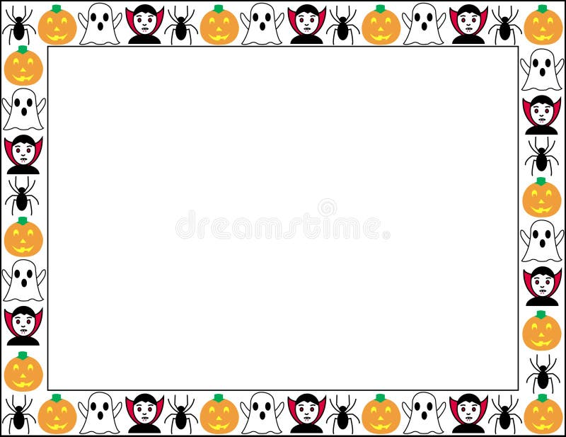 Halloween Border With Pumpkins, Vampires, Ghosts And Spiders With Blank Space In The Center