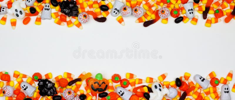 Halloween candy double border banner on a white background with copy space