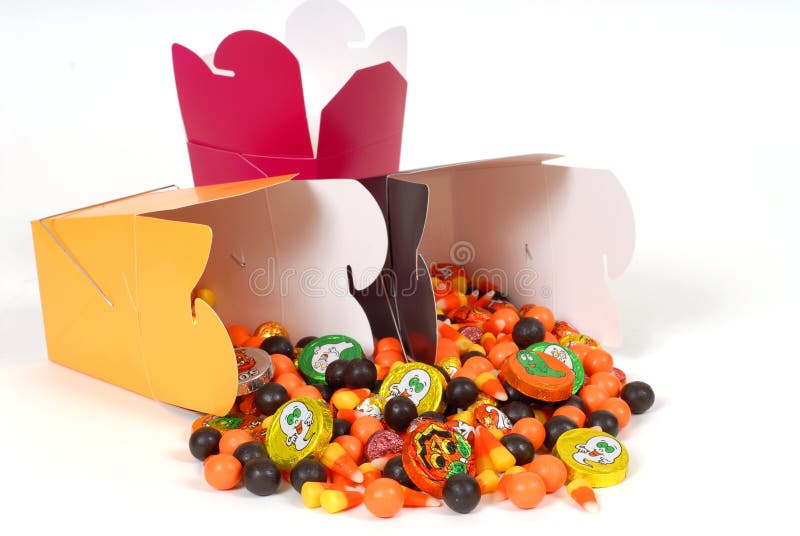 Halloween candy flowing out of chinese food containers