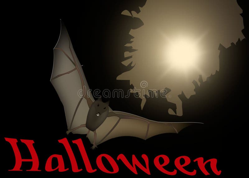 Halloween card. Bat at night against the moon. Illustration.