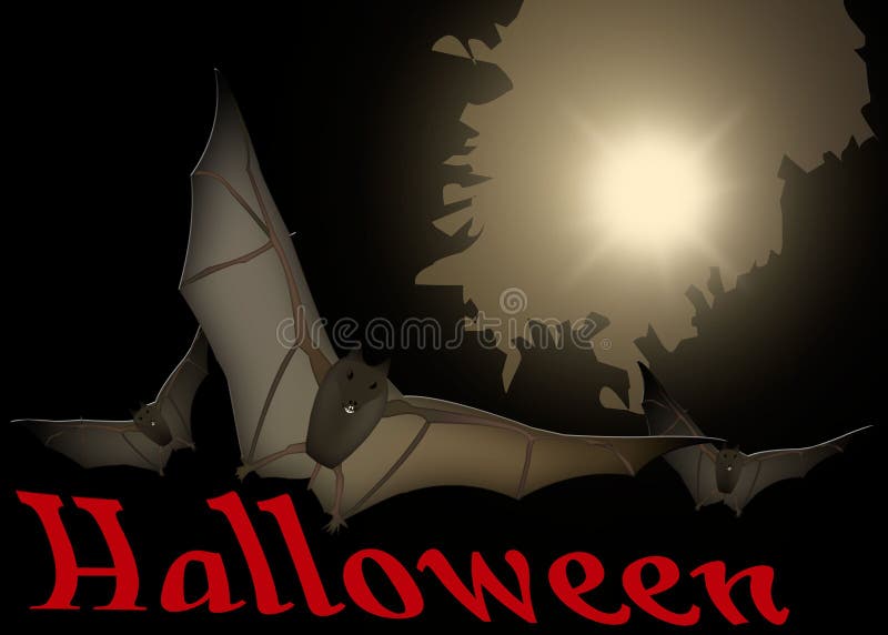 Halloween card. Bats at night on moon background. Illustration.