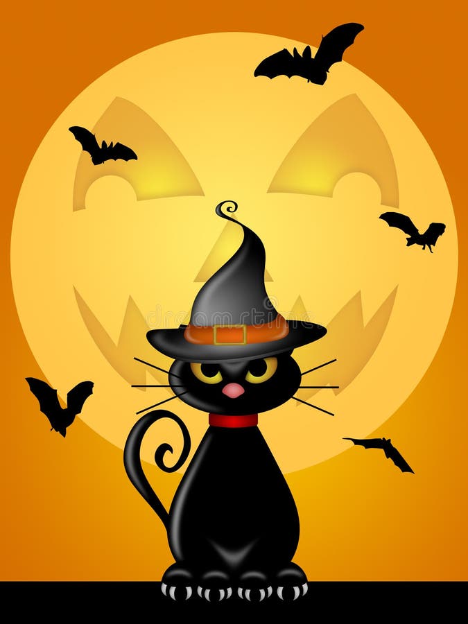 Halloween Cat wit Wtiches Hat by Jack O Lantern Moon Illustration. Halloween Cat wit Wtiches Hat by Jack O Lantern Moon Illustration