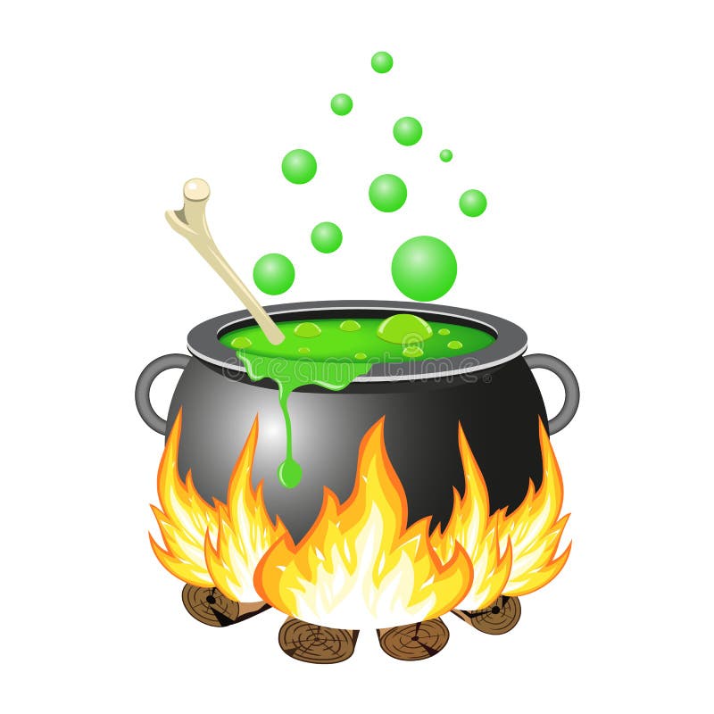 Steel Cauldron With Boiling Green Magic Potion Isolated On White