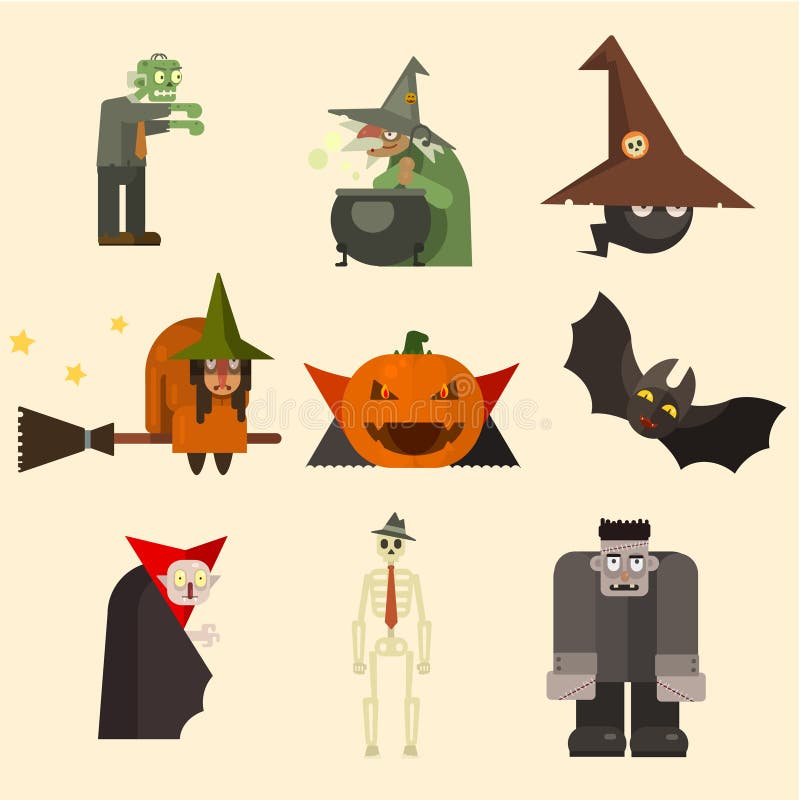 Halloween Characters in Flat Style Vector Stock Vector - Illustration ...