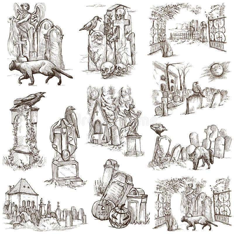 Halloween, cimetières - un paquet blanc tiré par la main illustration de vecteur Halloween, cimetières - un paquet blanc tiré par la main illustration de vecteur