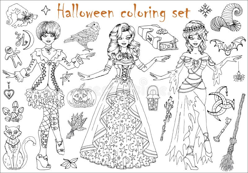 Halloween Coloring Set With Beautiful Witch Girl Whearing Medieval Gipsy  Costume Tarot Cards Pumpkin Broom Stock Illustration - Download Image Now -  iStock