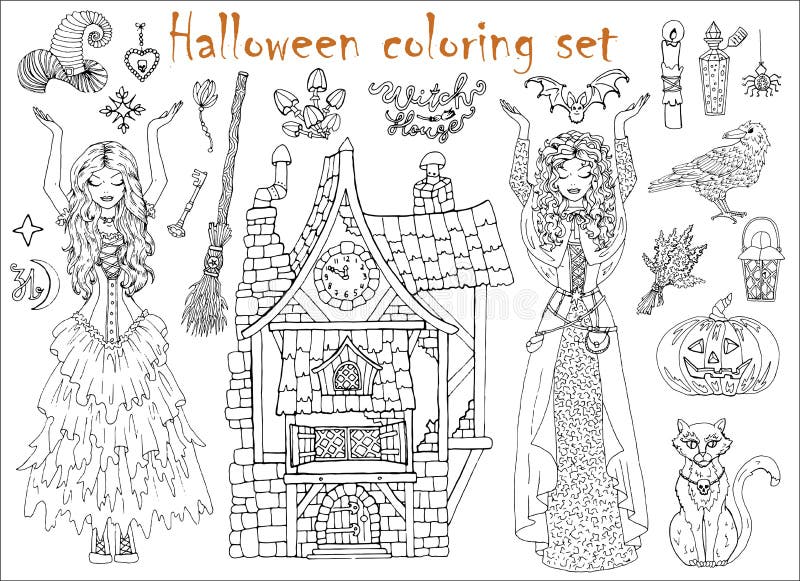 Halloween Coloring Set With Beautiful Witch Girl Whearing Medieval Gipsy  Costume Tarot Cards Pumpkin Broom Stock Illustration - Download Image Now -  iStock