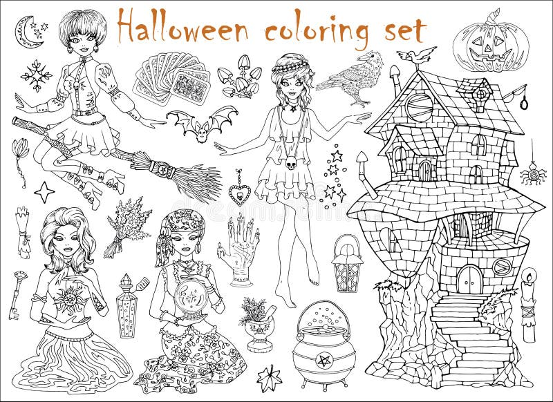 Halloween Coloring Set With Beautiful Witch Girls In Gipsy Medieval And  Steampunk Costumes Scary Witchcraft Objects Stock Illustration - Download  Image Now - iStock