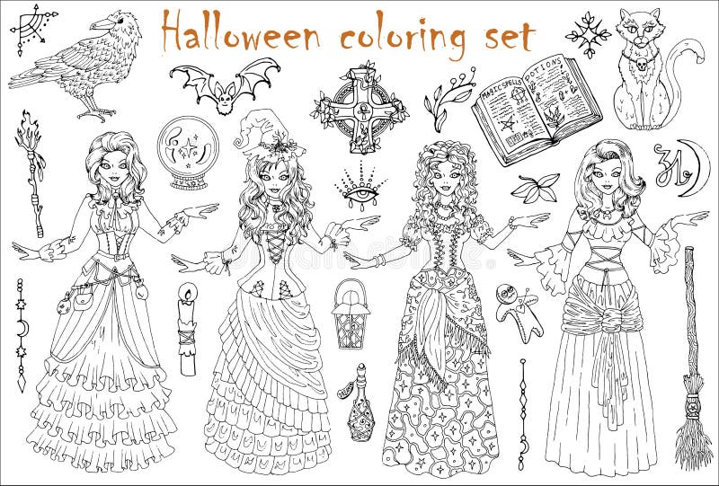 https://thumbs.dreamstime.com/b/halloween-coloring-set-beautiful-witch-girls-gipsy-medieval-steampunk-costumes-scary-witchcraft-objects-hand-drawn-193805149.jpg