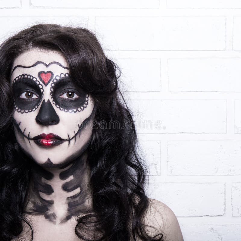 Halloween concept - woman with creative skull make up over white royalty free stock photos Halloween concept - woman with creative skull make up over white royalty free stock photos