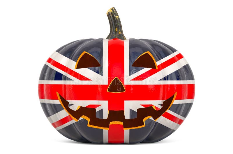 Halloween dans le concept du Royaume-Uni Citrouille coupé mauvais avec le drapeau britannique, rendu 3d