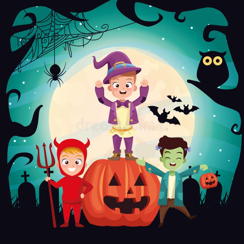 Halloween Dark Scene with Kids Disguised and Pumpkin Stock Vector ...