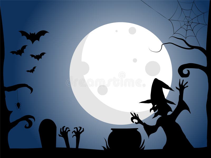 Halloween-de achtergrond, Heksenwerktijden, Volle maan glanst, Blauwe achtergrond, vectorillustratie EPS 10 vector illustratie Halloween-de achtergrond, Heksenwerktijden, Volle maan glanst, Blauwe achtergrond, vectorillustratie EPS 10 vector illustratie