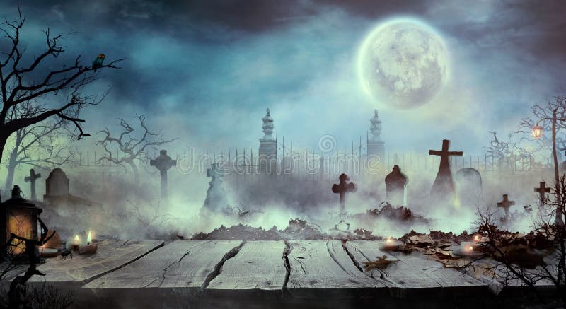 Halloween design with wooden table and graveyard vector illustration
