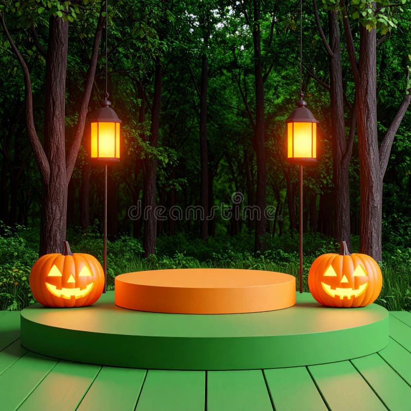 Halloween Display with Pumpkins and Lanterns in a Dark Forest Background royalty free illustration