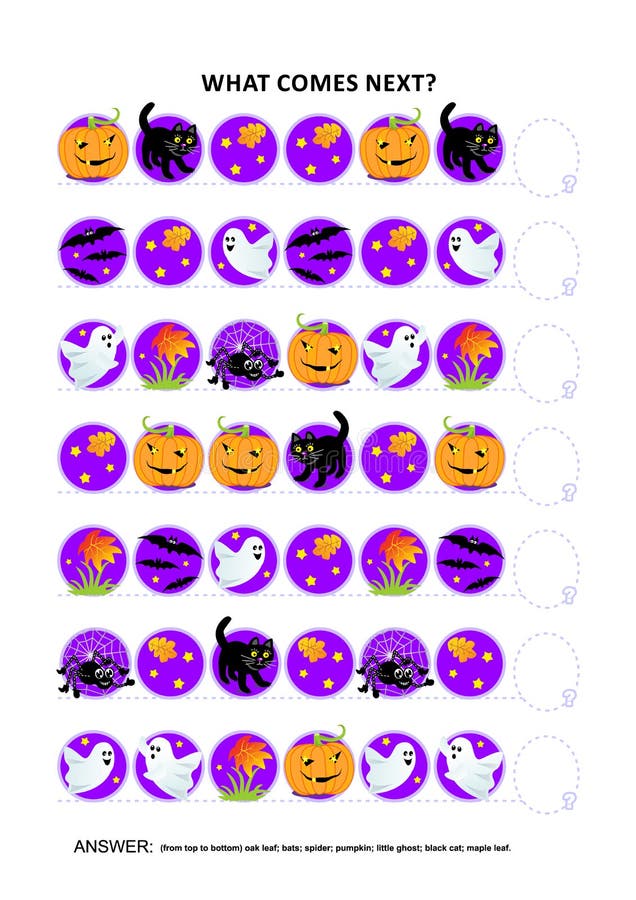 Halloween educational logic game - sequential pattern recognition stock illustration Halloween educational logic game - sequential pattern recognition stock illustration