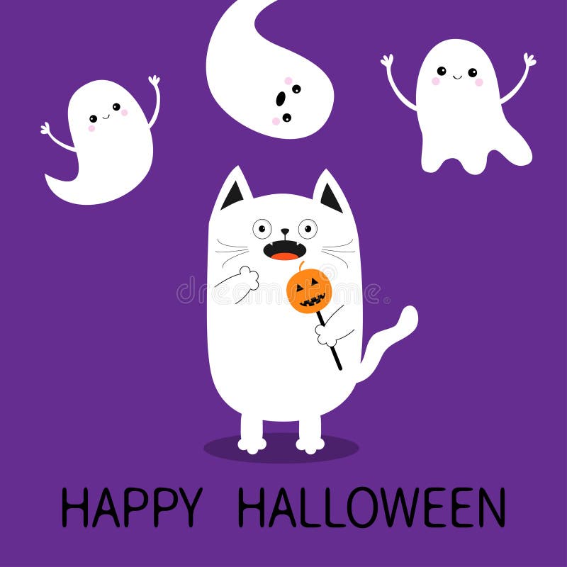 Halloween feliz Gato amedrontado assustador que guarda a cara da abóbora na vara Três mãos de voo dos fantasmas vaiam acima Bebê ilustração royalty free Halloween feliz Gato amedrontado assustador que guarda a cara da abóbora na vara Três mãos de voo dos fantasmas vaiam acima Bebê ilustração royalty free