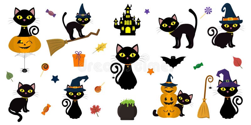 Halloween fericit. mega set de pisică neagră cu ochi galbeni în diferite poziții cu un dovleac pe un măcel într-o pălărie de vrăji stock illustration