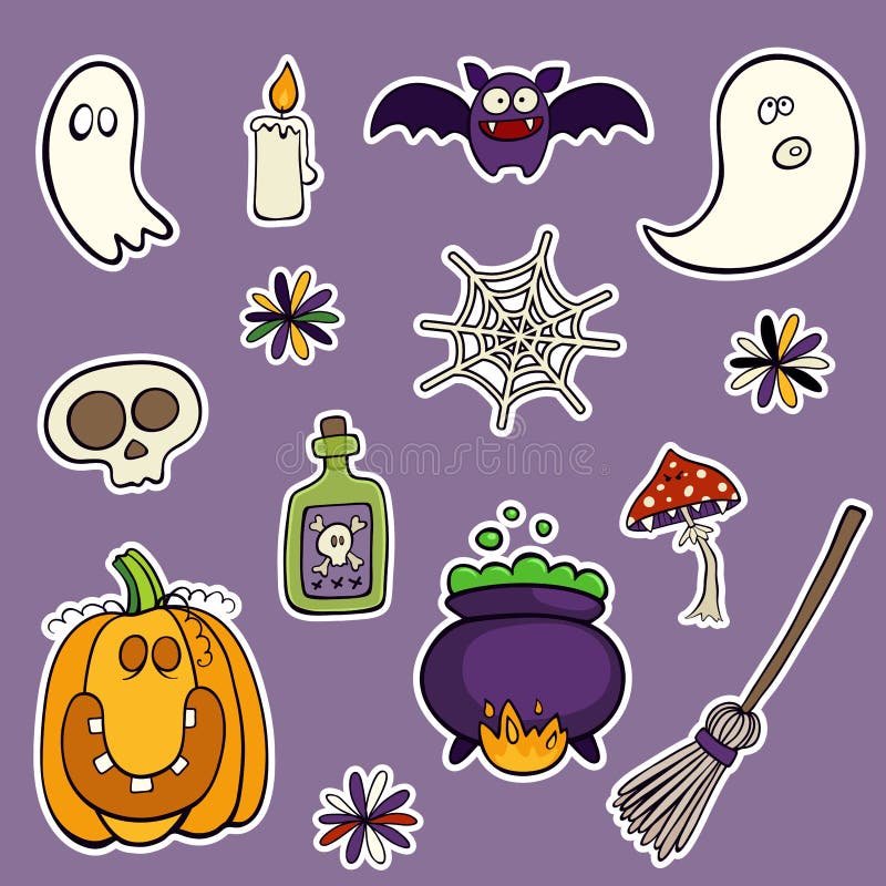 Halloween fijó de remiendos con la calabaza, el cráneo, la seta y otros elementos stock de ilustración Halloween fijó de remiendos con la calabaza, el cráneo, la seta y otros elementos stock de ilustración