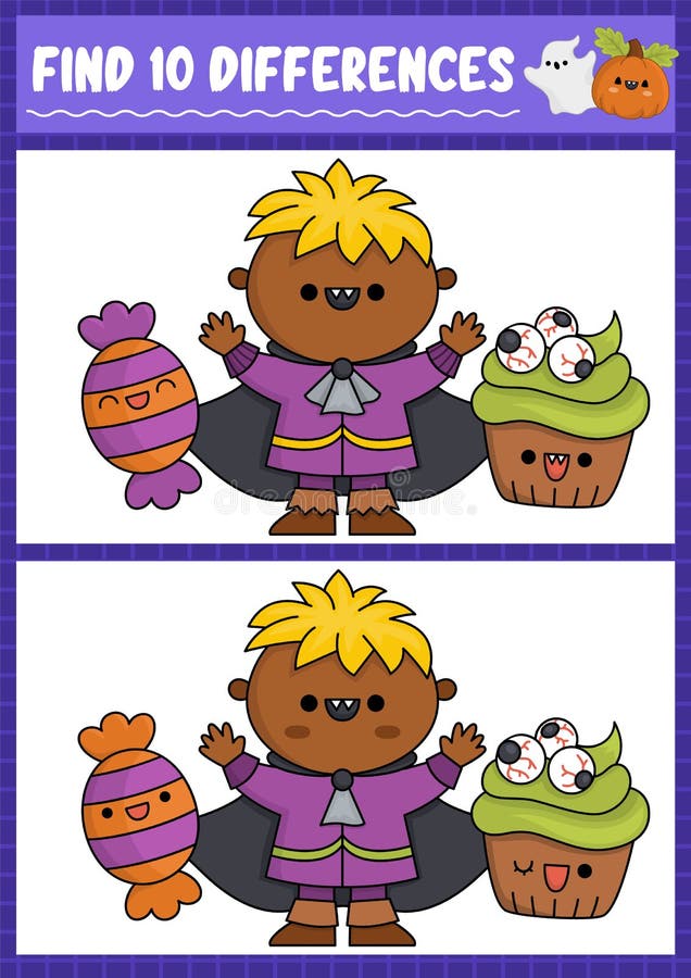 Halloween find differences game for children. Attention skills activity with cute vampire boy, sweet and scary cupcake. Puzzle for