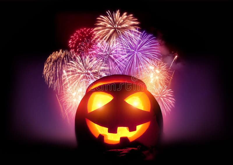 Halloween Fireworks Party. Glowing Jack O' Lantern pumpkin with a fireworks display event.